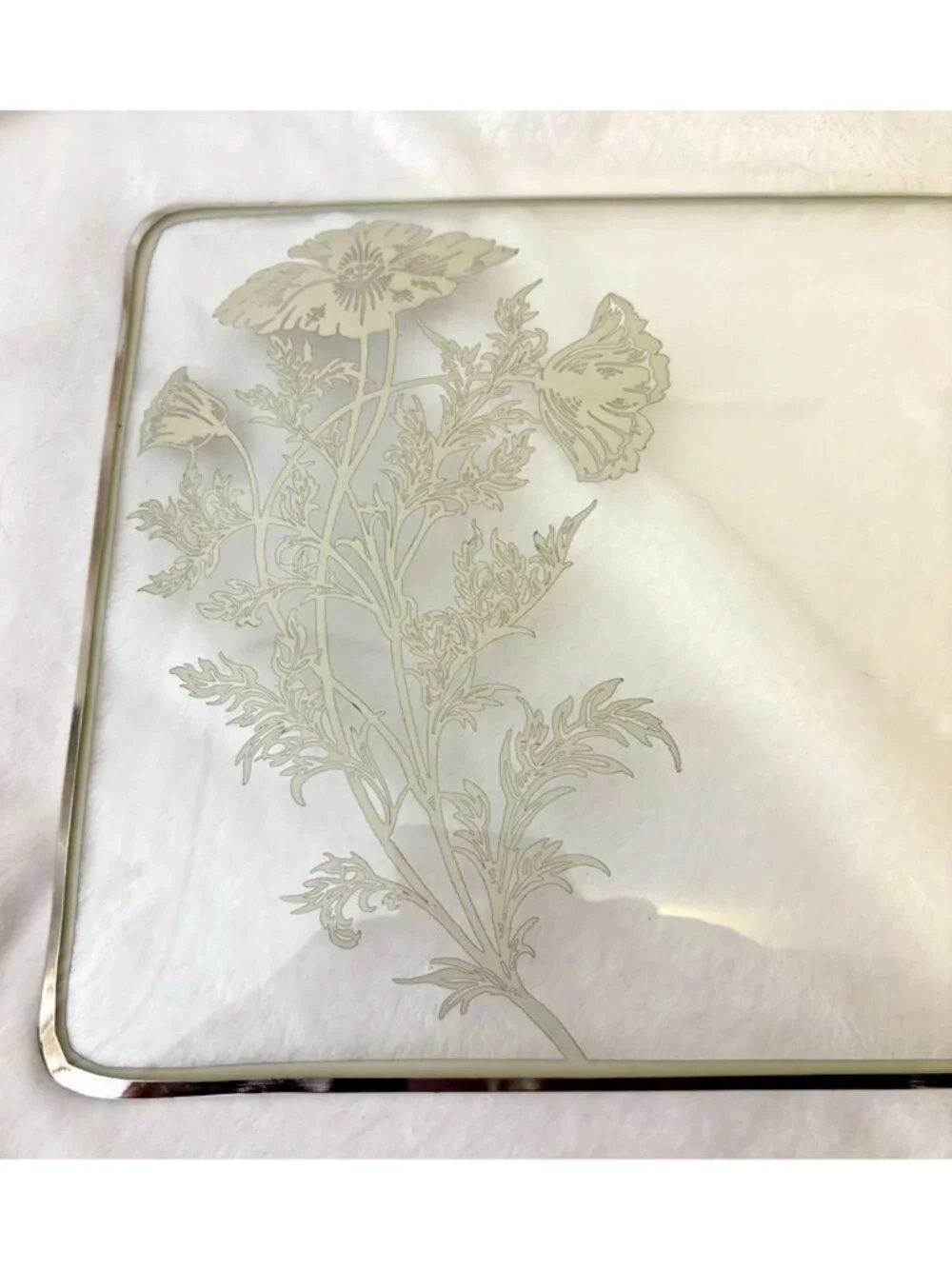 VTG MCM 1950's Silver City Floral Poppy Glass Overlay Platter Horderves Tray